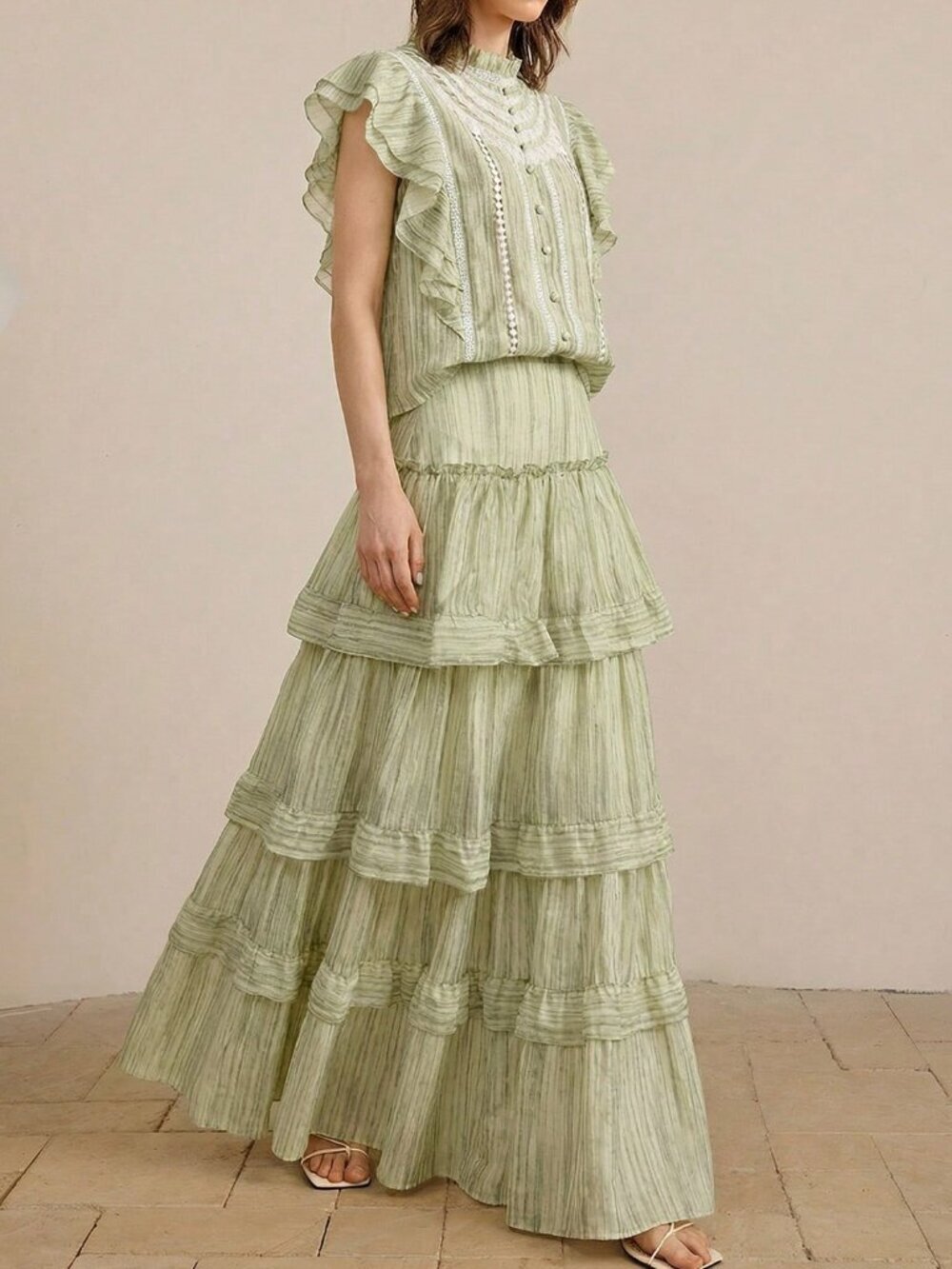 Green Boho Casual Women's Tiered Ruffle Multi-Layer Skirt - Picture 5 of 5